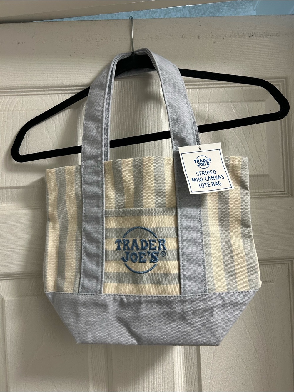 Trader Joe's Striped Mini Canvas Tote Bag in Light Blue and White